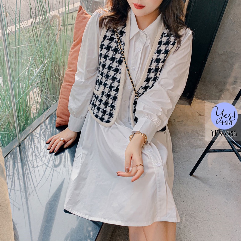 ชุดเซ็ท 2 ชิ้นสาวอวบอก 40-50 นิ้ว เชิ๊ตเดรสแขนยาว สีขาว/สีดำ + เสื้อกั๊กทวีตลายชิโนริสีขาวดำ (ขายแยกชิ้นค่ะ) YPS-056