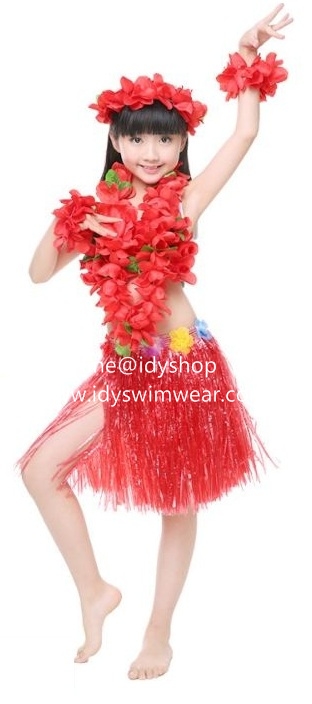 รุ่นเด็ก แบบที่ 3 ขนาดยาว 40 cm สีแดง กระโปรงเชือกฟาง ฮาวาย อย่างหนา+ เซทพวงมาลัยดอกไม้ 4 ชิ้น+บราดอกไม้
