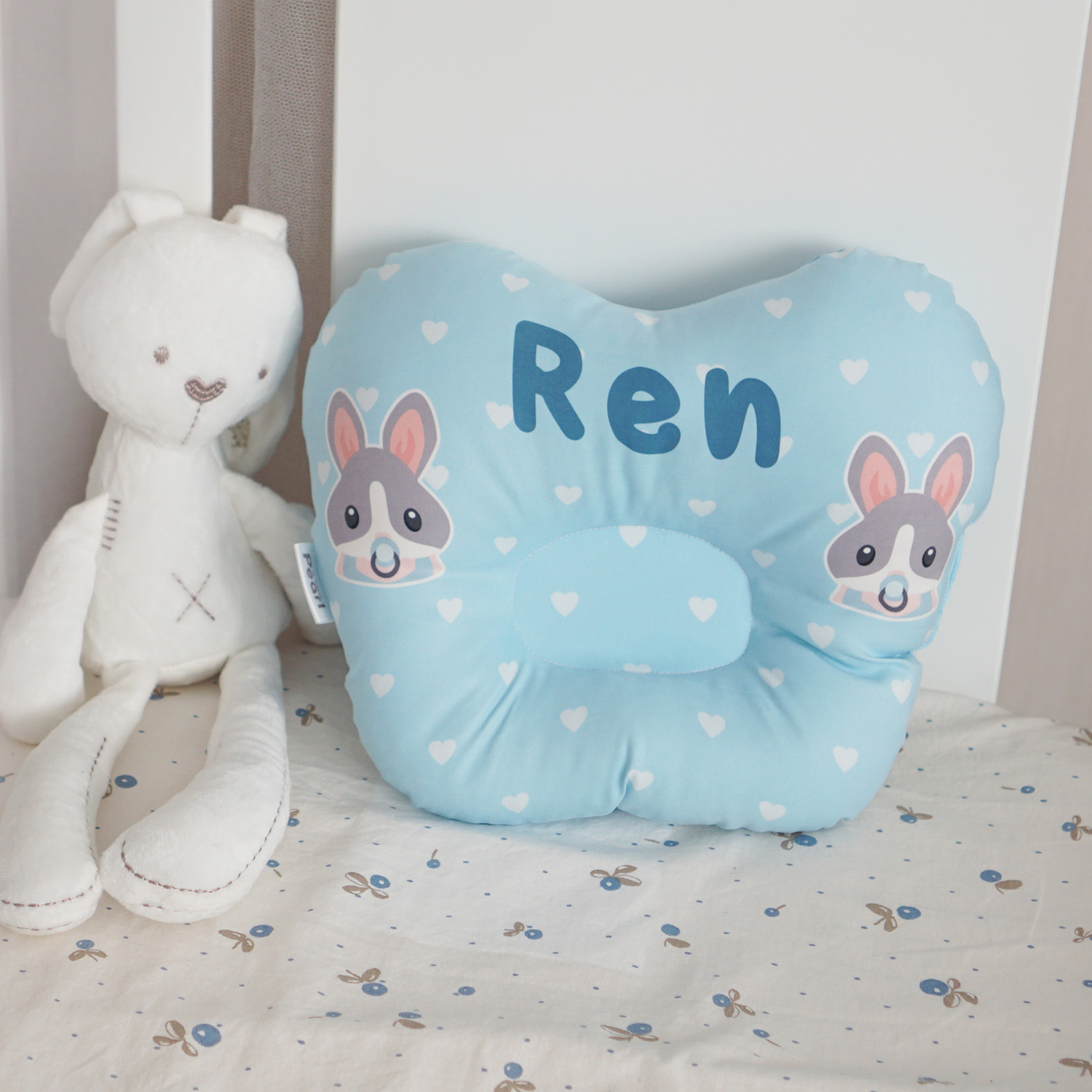 หมอนเด็ก หมอนหลุม Baby Pillow สั่งทำใส่ชื่อ ลาย Rabbit - Blue