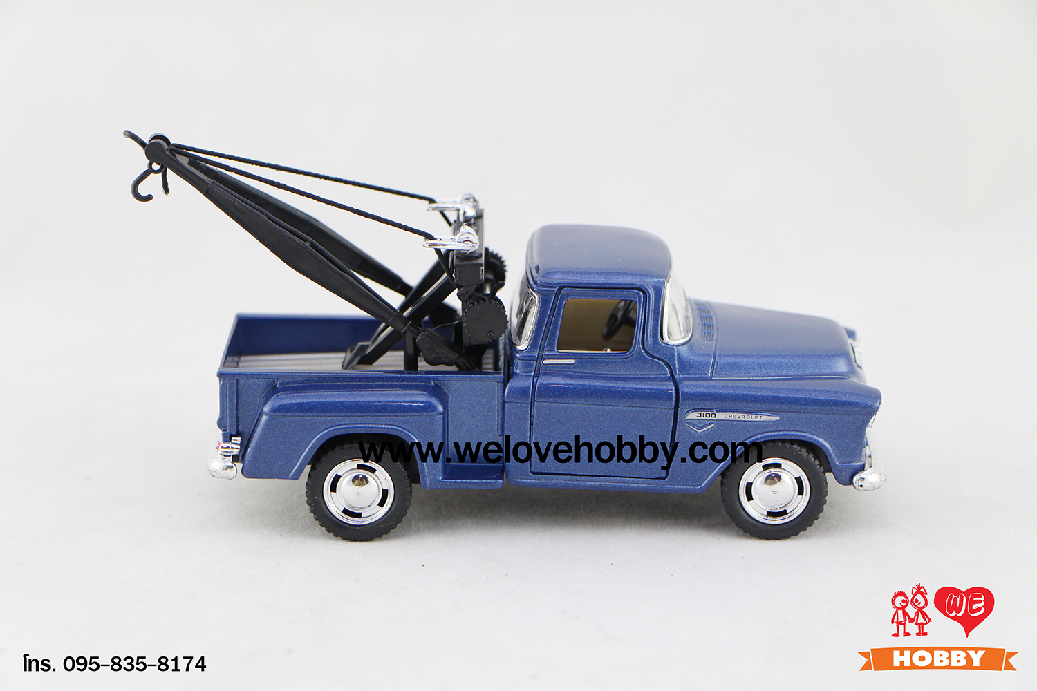 โมเดลรถกระบะคลาสสิค 1955 Chevrolet Chevy Stepside Pick-Up สีน้ำเงิน Scale 1:32 มีเซตอุปกรณ์รถยก รถลาก