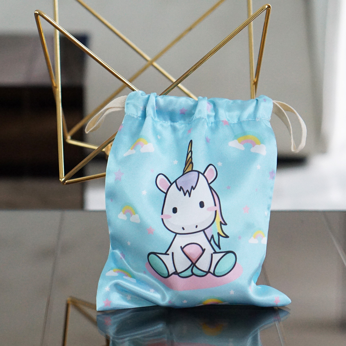 ถุงผ้าซาติน ลาย Unicorn - Blue