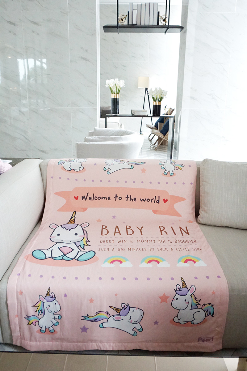 ผ้าห่ม ใส่ประวัติแรกเกิด ลายยูนิคอร์น สีพีช ไซส์ใหญ่ 100x150cm / Unicorn - Peach