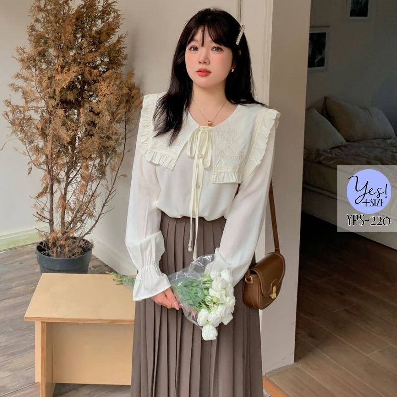 เสื้อเชิ๊ตแขนยาวสาวอวบ อก 38-50 นิ้ว เชิ๊ตสีครีม คอปกใหญ่ปักลาย ชายปกระบาย กระดุมมุก YPS-220