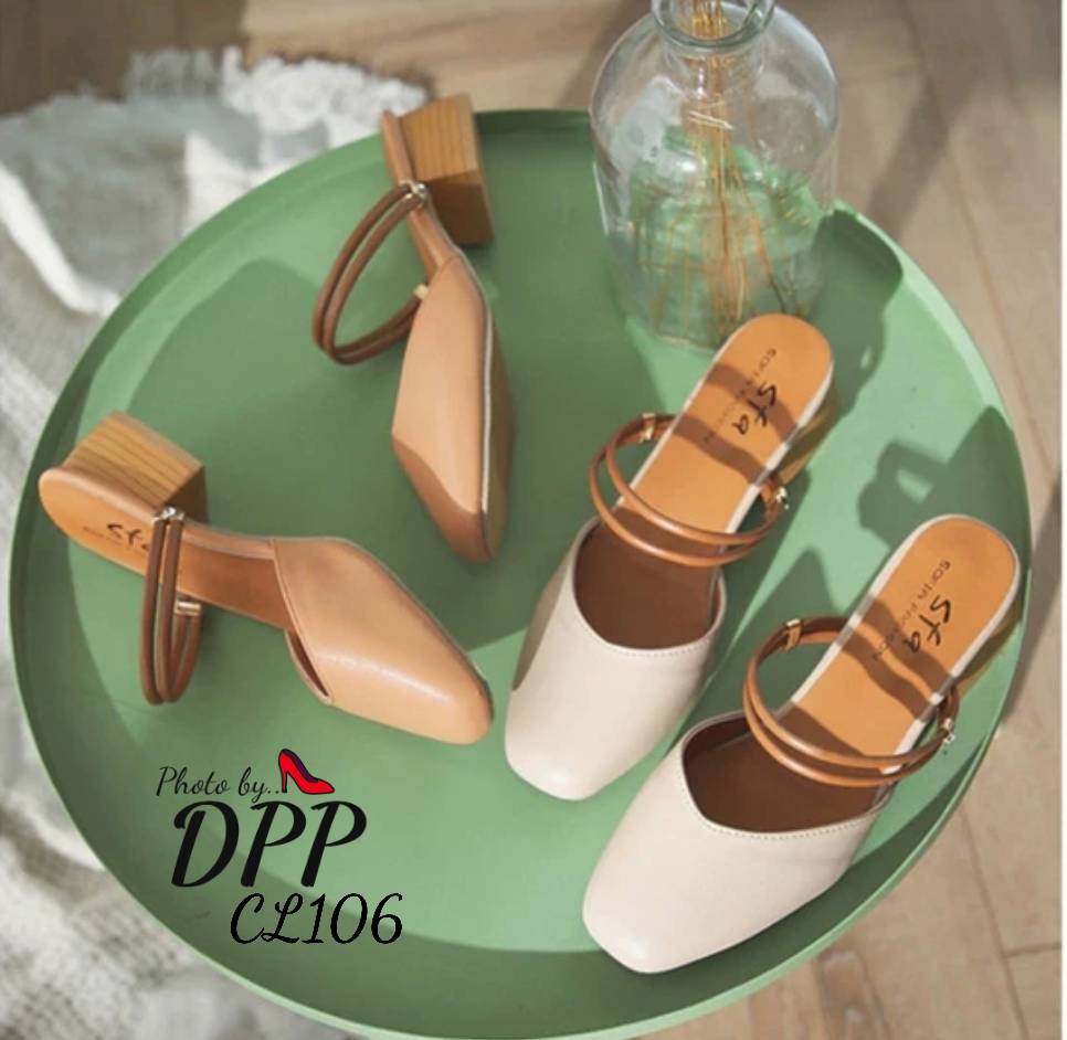 รองเท้าคัทชูส้นเตี้ยส้นลายไม้ (สีครีม)