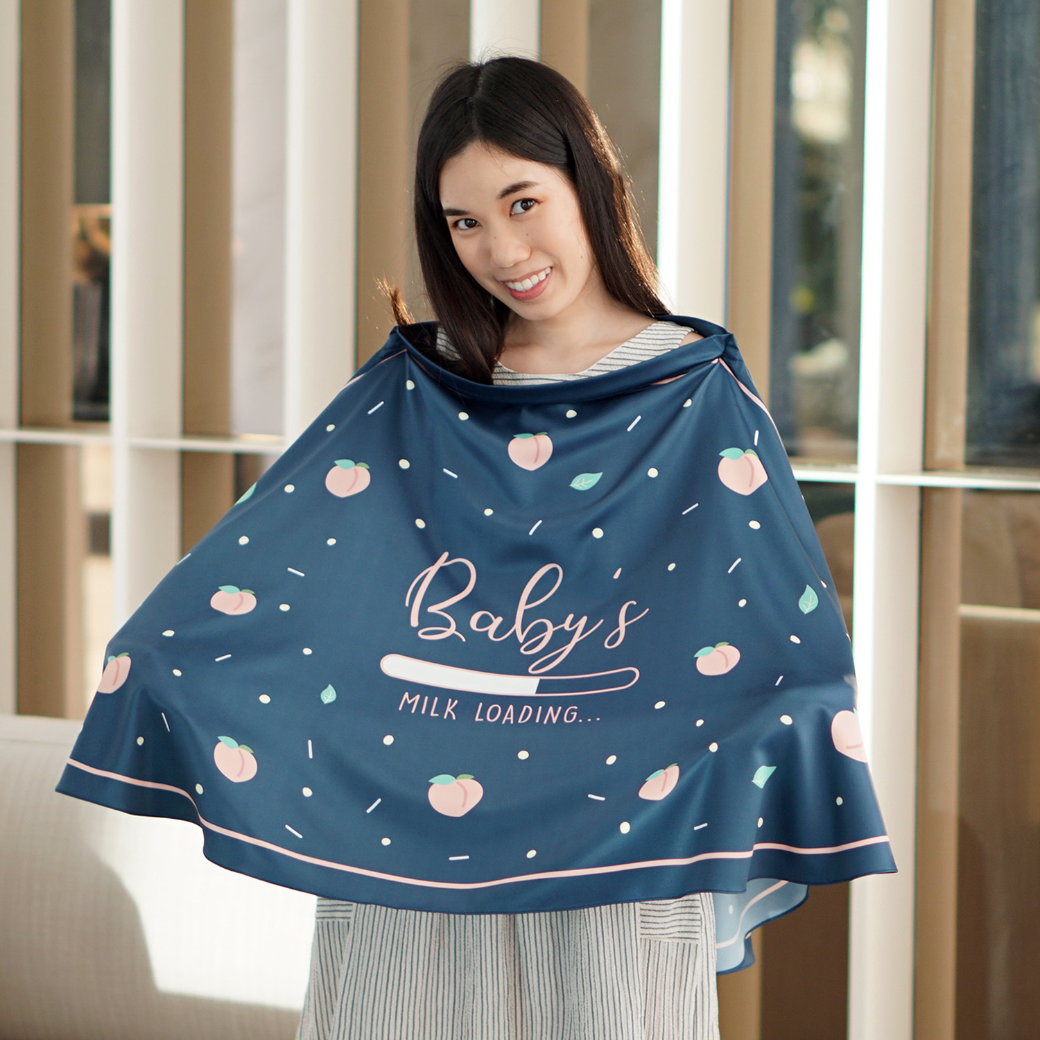 ผ้าคลุมให้นม สั่งทำใส่ชือ ลาย Peach - Navy