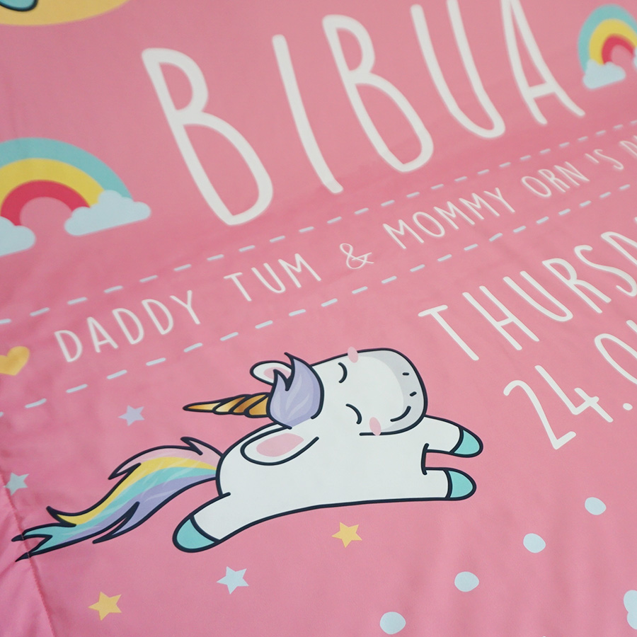 ผ้าห่ม ใส่ประวัติแรกเกิด ลายยูนิคอร์น สีชมพู ไซส์ใหญ่ 100x150cm / Unicorn - Pink
