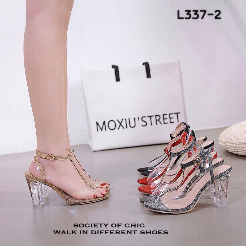 รองเท้าส้นสูง T-Strap กลิตเตอร์ (สีดำ)