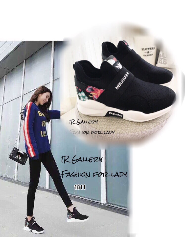 รองเท้าผ้าใบทรงSportแบบสวมแต่งลายดอก (สีดำ)