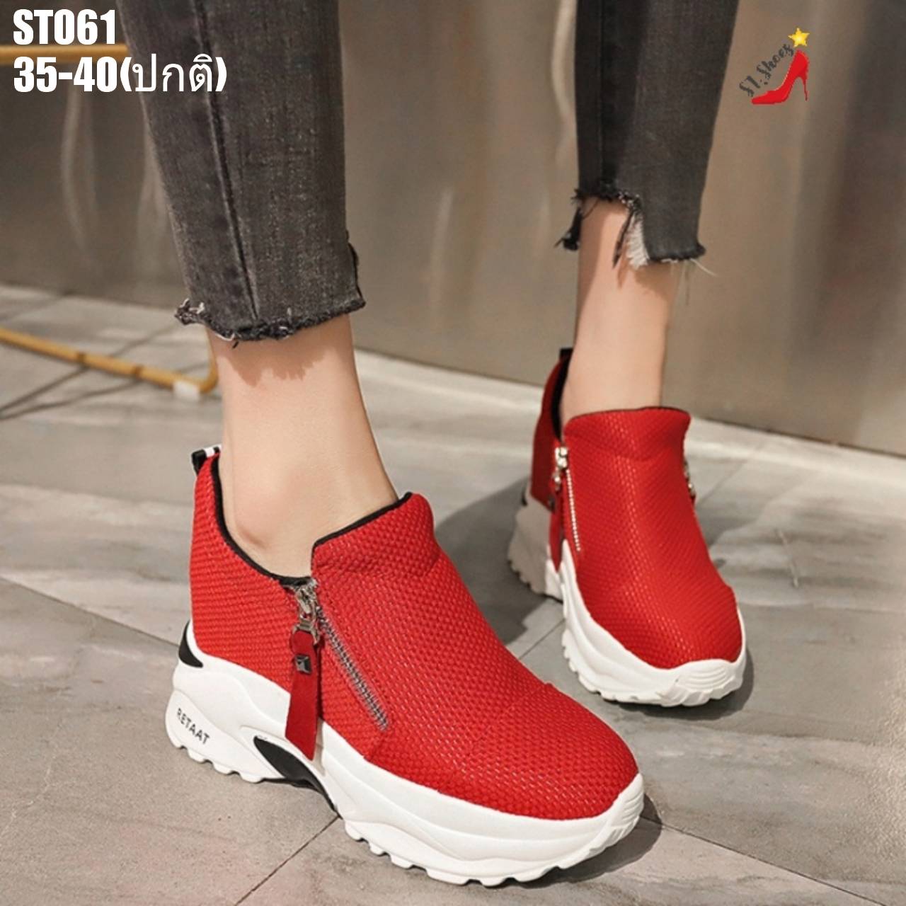 รองเท้าผ้าใบผ้าทอแต่งซิปทรง Sport (สีแดง)