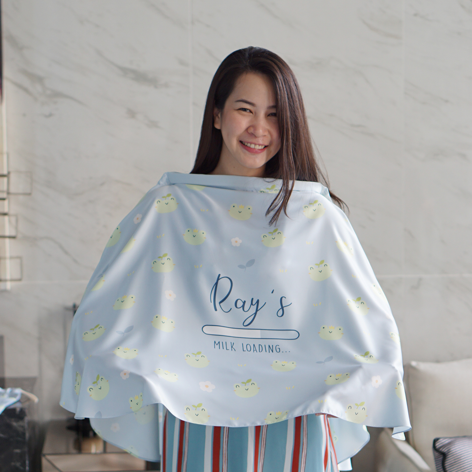 ผ้าคลุมให้นม สั่งทำใส่ชือ ลาย Pattern - Frog - Blue