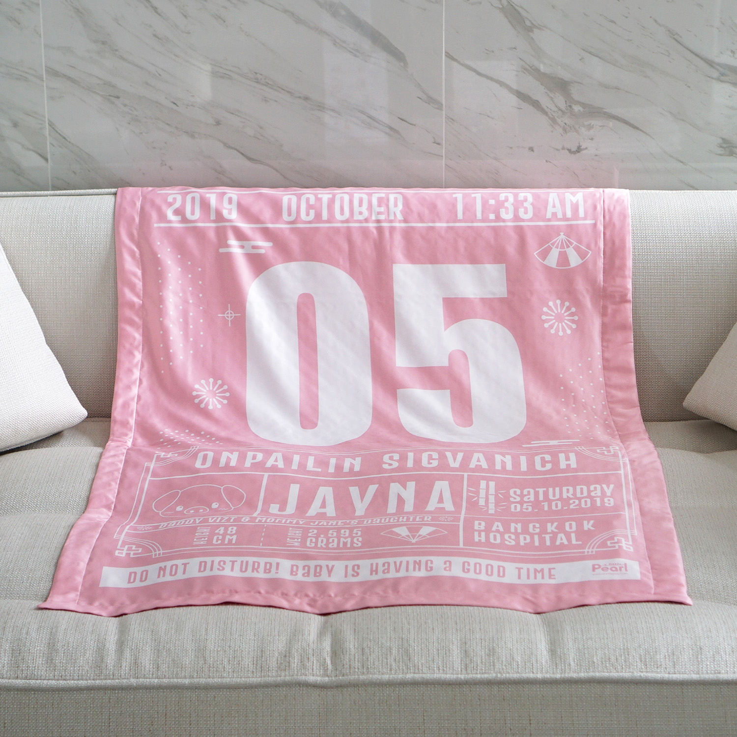 ผ้าห่มสั่งทำใส่ประวัติแรกเกิด ลาย Chinese Calendar - Pink