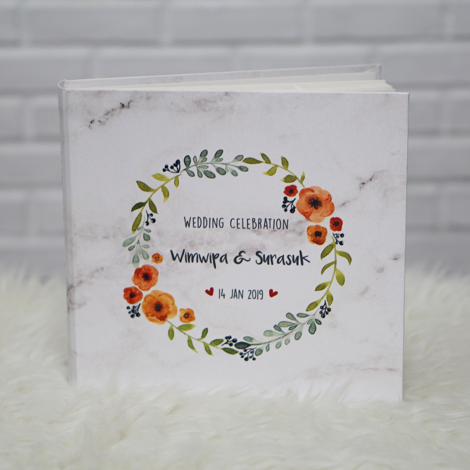 สมุดเซ็น สมุดอวยพร ขนาด 60 หน้า แบบสั่งทำใส่ชื่อ ลายหินอ่อน Water colour Floral Frame