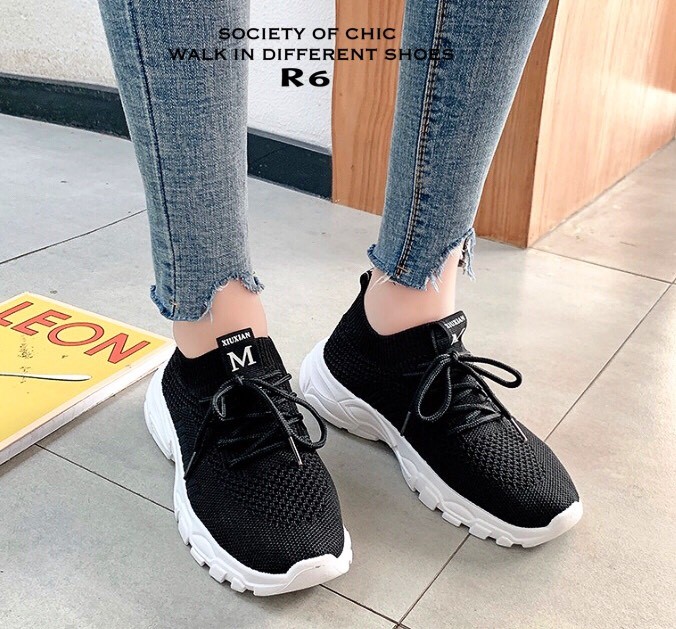 รองเท้าผ้าใบแฟชั่นขอบถุงเท้าสไตล์ Sport (สีชมพู)