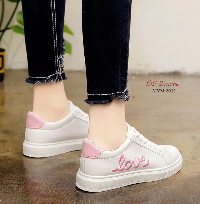 รองเท้าผ้าใบpuปักลายLove (สีชมพู)