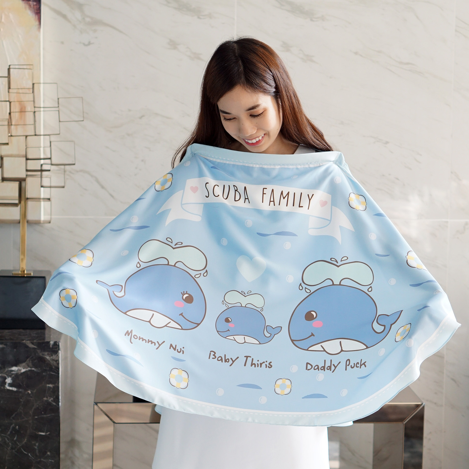ผ้าคลุมให้นม สั่งทำใส่ชือ ลาย Whale - Blue