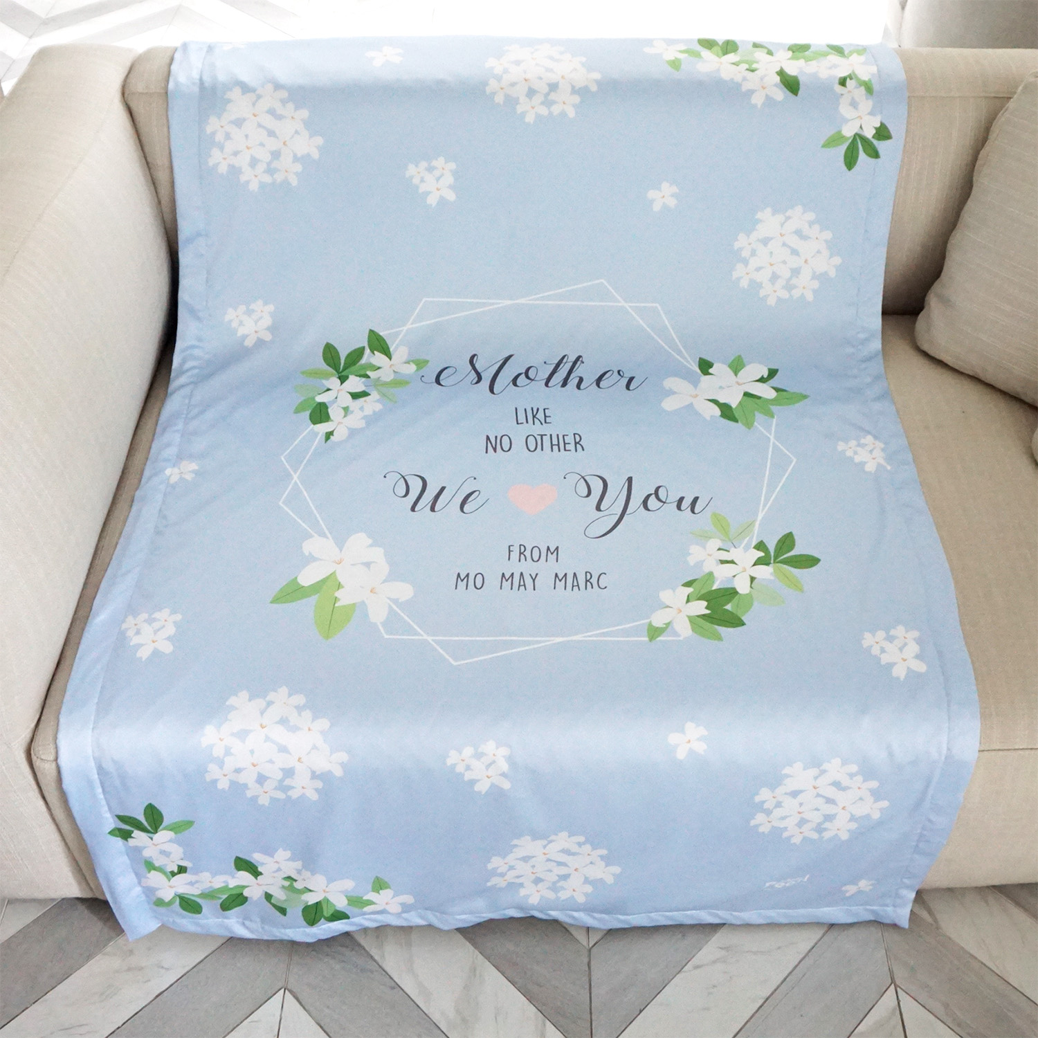 ผ้าห่ม ใส่ชื่อ ลาย Jasmine - Hexagon - Blue ไซส์ใหญ่ 100x150cm