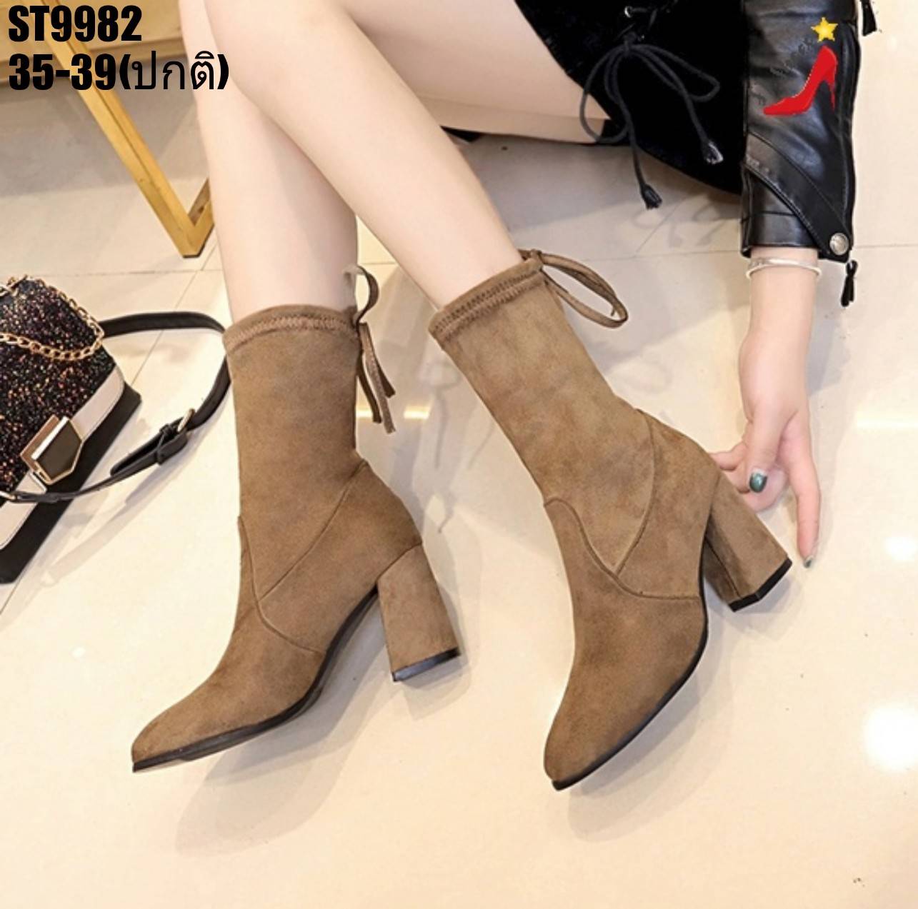 รองเท้าบูทส้นสูงครึ่งน่อง (สีน้ำตาล)