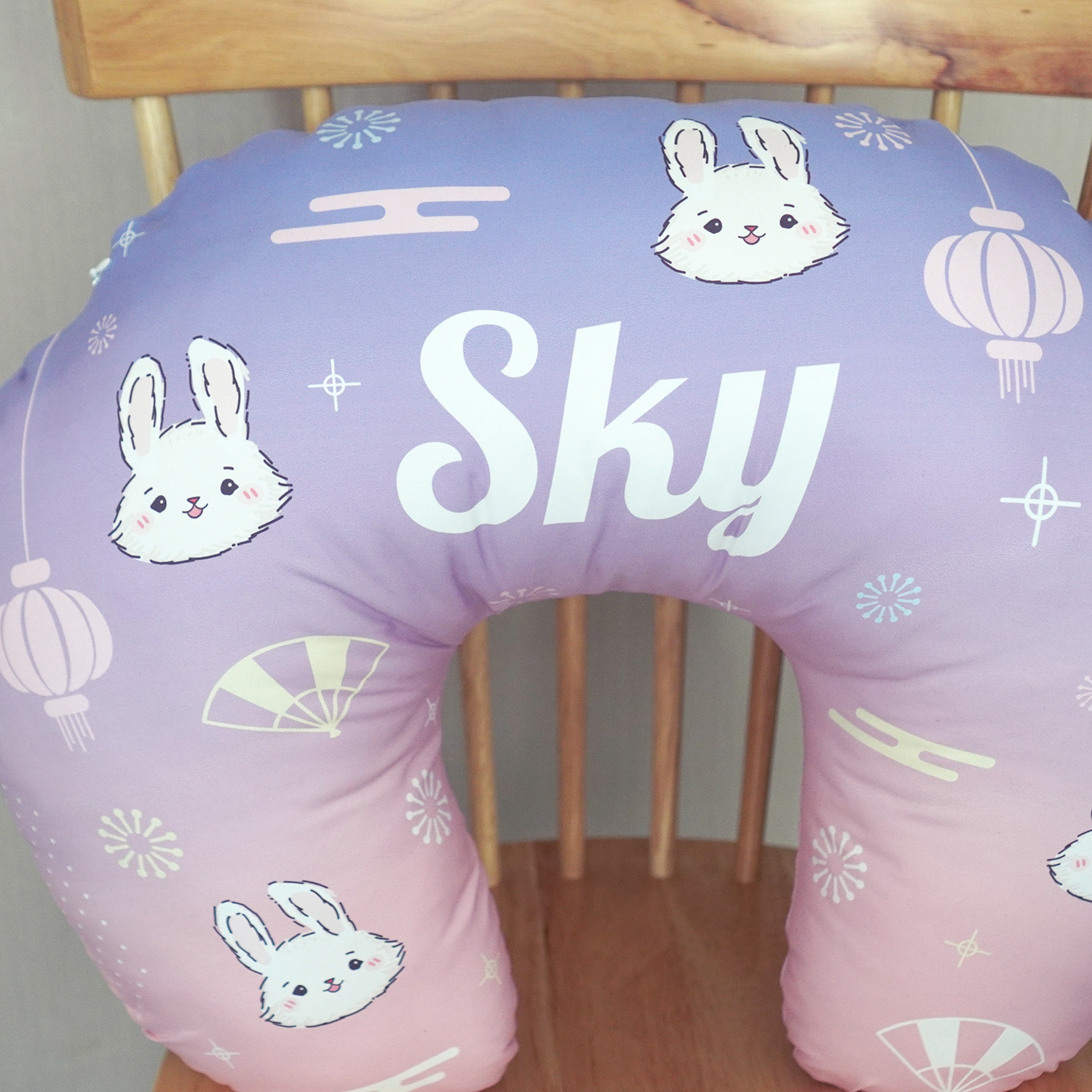 หมอนรองให้นม สั่งทำใส่ชื่อ ลาย Rabbit - Chinese - Blue Pink