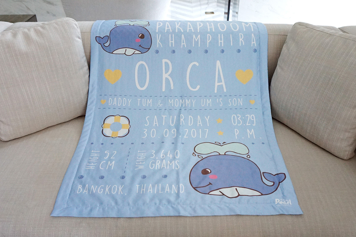 ผ้าห่มเด็ก ใส่ประวัติแรกเกิด ลายวาฬ สีฟ้า / Whale - Blue