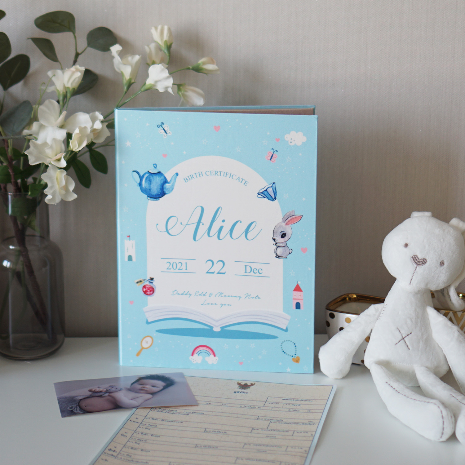 แฟ้มทะเบียนสมรส/สูติบัตร สั่งทำใส่ข้อความ ลาย Wonderland 2 - Blue