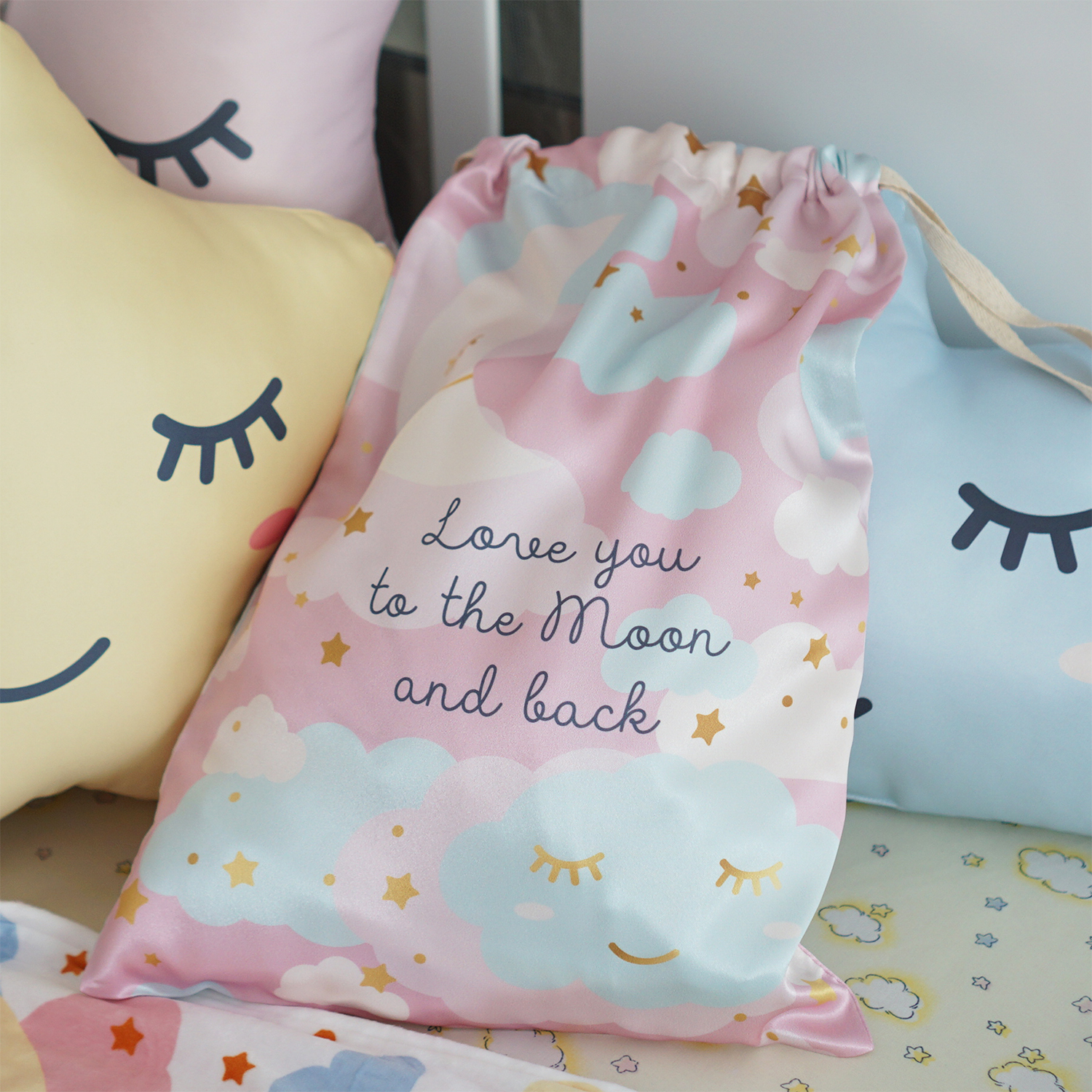 ถุงผ้าซาตินพร้อมส่ง ไซส์ L ลาย Moon - Pink
