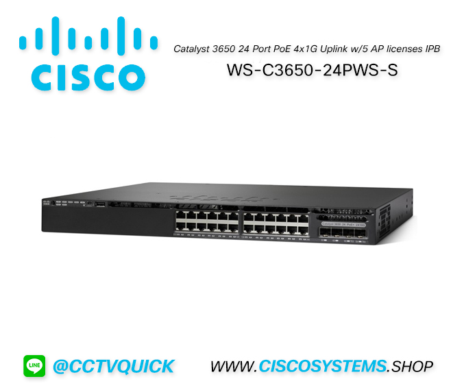WS-C3650-24PWS-S (Cisco Catalyst 3650 24 Port PoE 4x1G Uplink w/5 AP licenses IPB)
