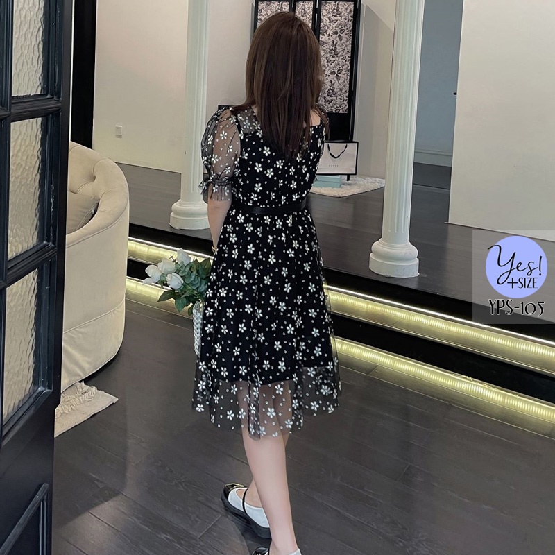 ชุดเดรสสั้นสาวอวบ อก 38-49 นิ้ว เดรสตาข่ายปริ้นลายดอกไม้สีขาว+กลิตเตอร์ทอง เอวโบว์ผ้าซาติน สีครีม/ดำ YPS-105