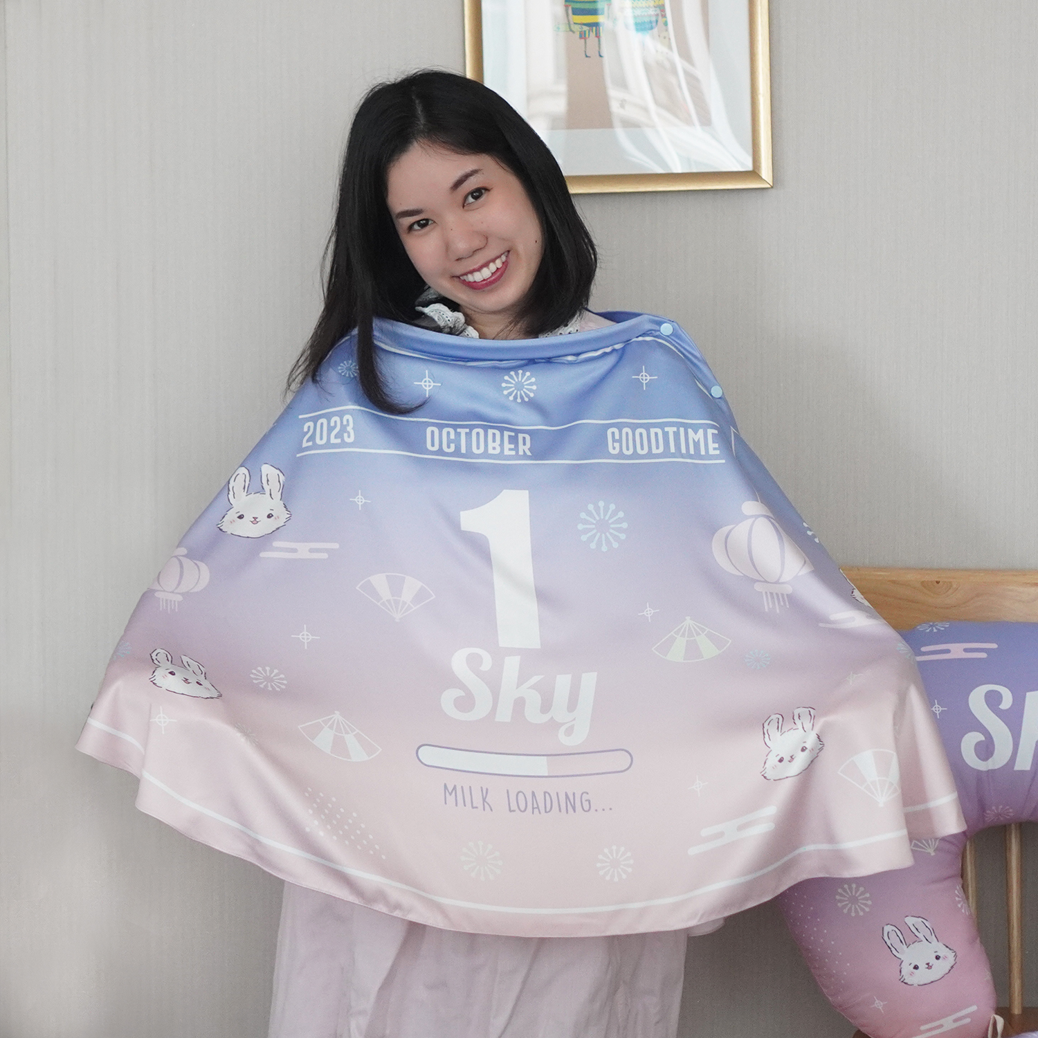 ผ้าคลุมให้นม 3in1 (รุ่นมีกระดุม ถอดโครงได้) แบบสั่งทำใส่ชื่อ ลาย Chinese Calendar - Blue Pink