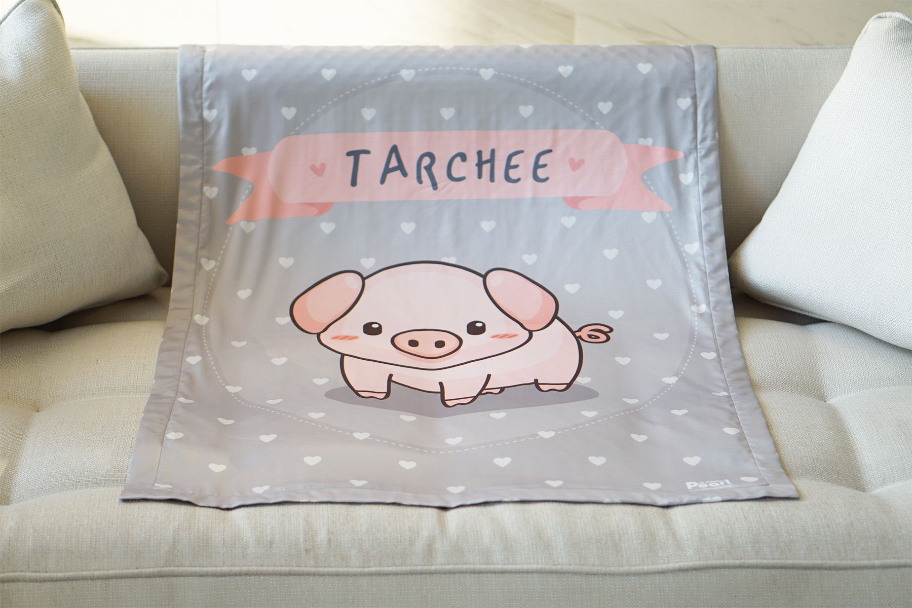 ผ้าห่ม ใส่ชื่อ ลายหมู สี Grey