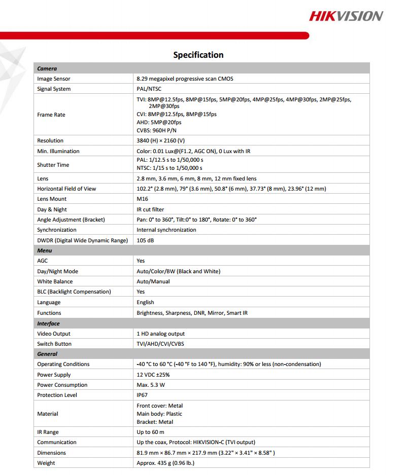ขายถูก HIKVISION Turbo HD รุ่น DS-2CE16U1T-IT3F ความละเอียด 8 ล้านพิกเซล