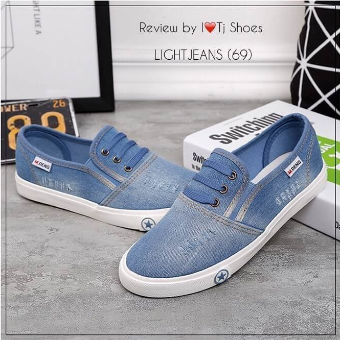 รองเท้าผ้าใบยีนส์ Slip on แต่งเชือก (สีอ่อน)