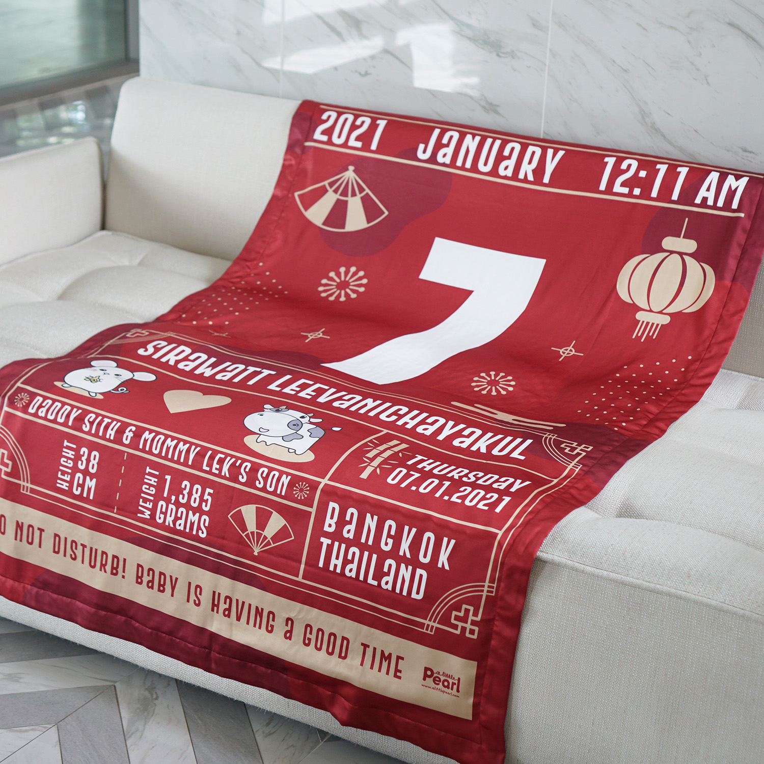 ผ้าห่ม ใส่ประวัติแรกเกิด ลาย Chinese Calendar - Cow - Red