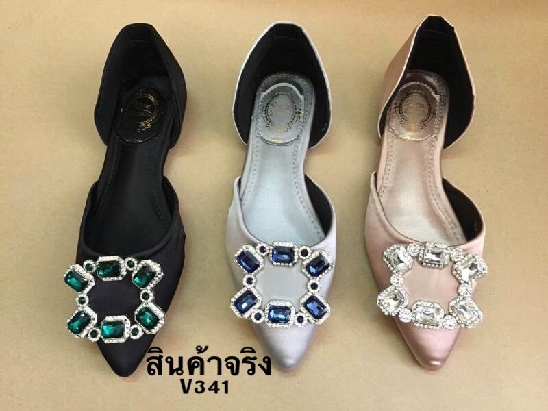 รองเท้าส้นแบนแต่งเพชรเว้าข้าง (สีเทา)