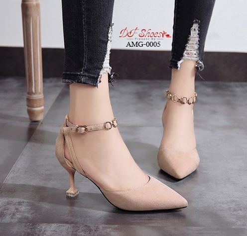 รองเท้าคัทชูส้นแจกันแต่งสายรัดข้อ (สีชมพู)