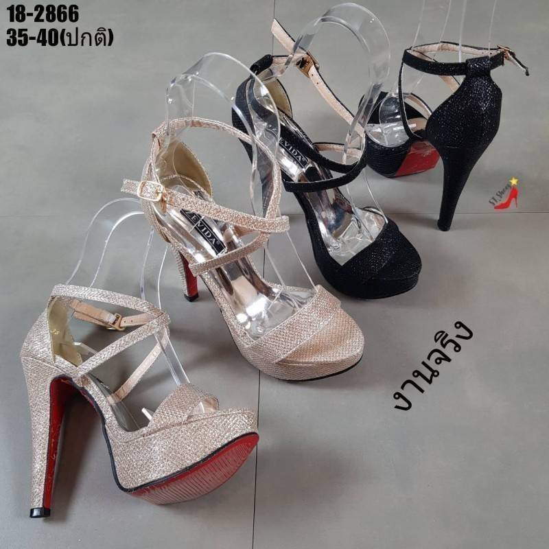 รองเท้าส้นสูงกลิตเตอร์สายไขว้ (สีดำ)