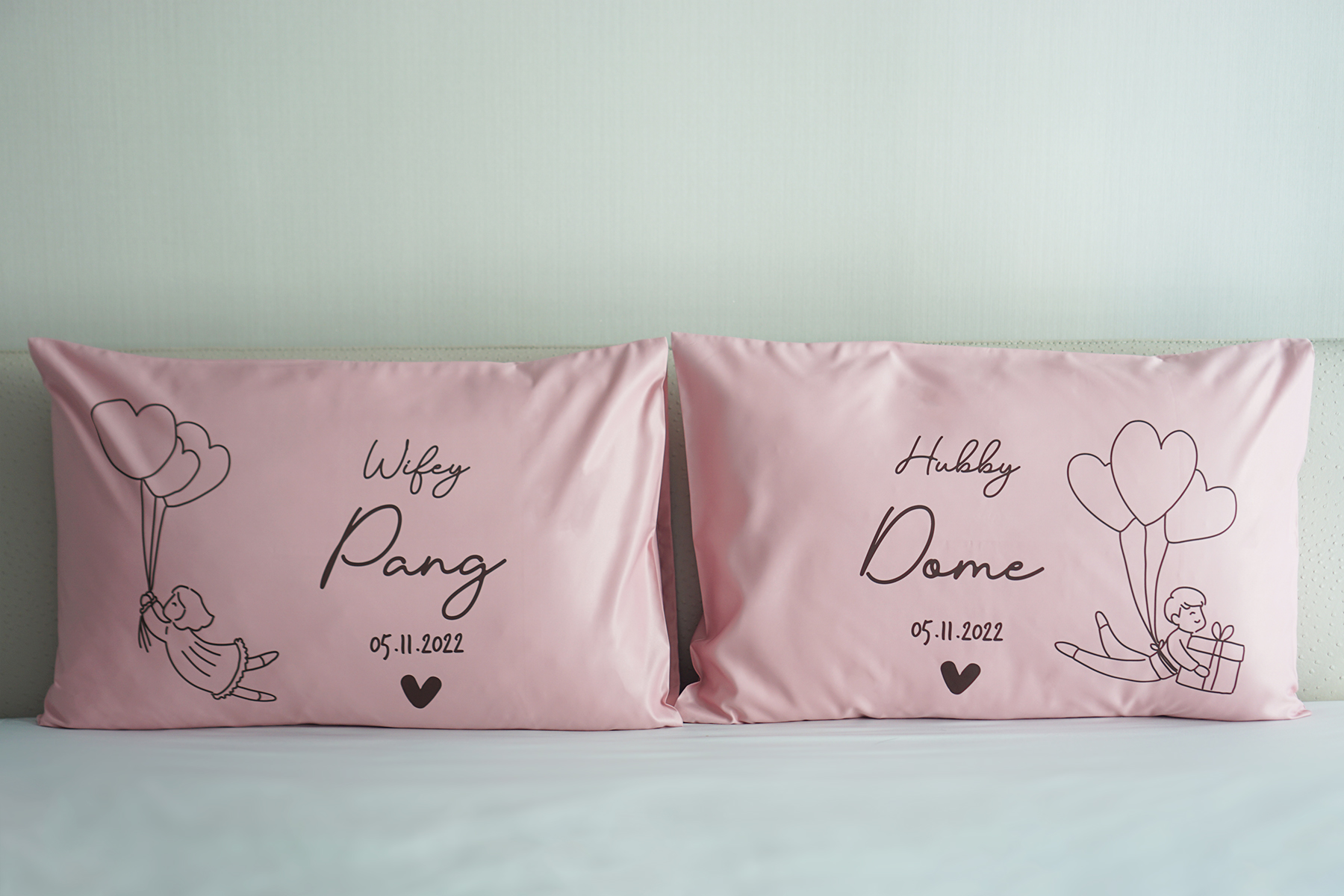 ปลอกหมอนหนุนคู่ สีชมพู ลาย Heart Ballon
