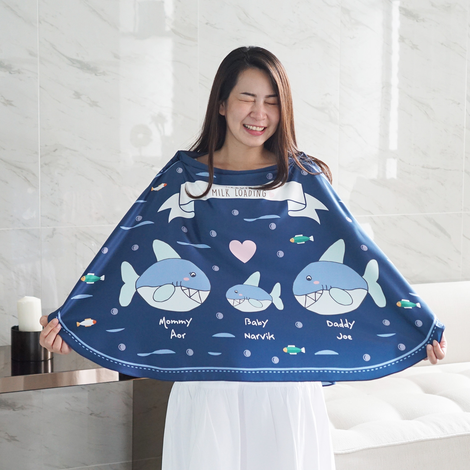 ผ้าคลุมให้นม สั่งทำใส่ชือ ลาย Shark - Navy