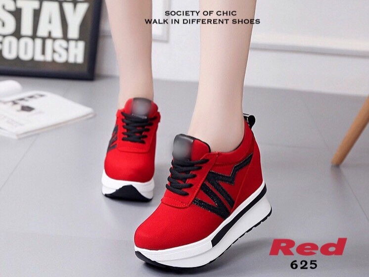 รองเท้าผ้าใบเสริมส้นสไตล์แฟชั่นเกาหลีแต่งลาย Sport (สีแดง)