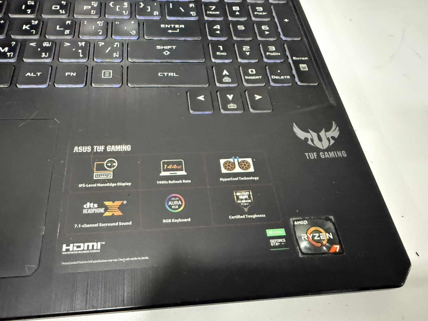 โน๊ตบุ๊ค Asus TUF Gaming FX505DT(Ryzen7 3750H/16GB/M.2 512GB/GTX1650 4GB)+Adapter จอ Bright บานพับแตก Keyborad ลอก ลำโพงแตก แบต 48% พัดลมดัง