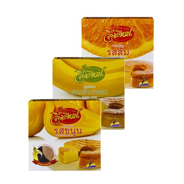 ขนม เค้ก คละรสผลไม้ ขนุน+กล้วยหอม+ส้ม ตราลิเลียน ขนาด 180 กรัม (แพ็ค 3 กล่อง)