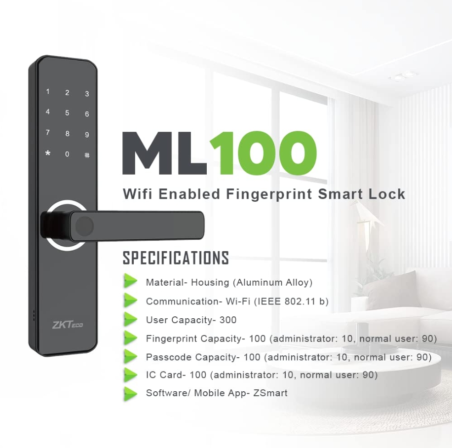 ขายถูก ZKTeco ML100S Intelligent Door Lock ล็อคประตูอัจฉริยะ รองรับWiFi สแกนนิ้วมือ ประกันศูนย์
