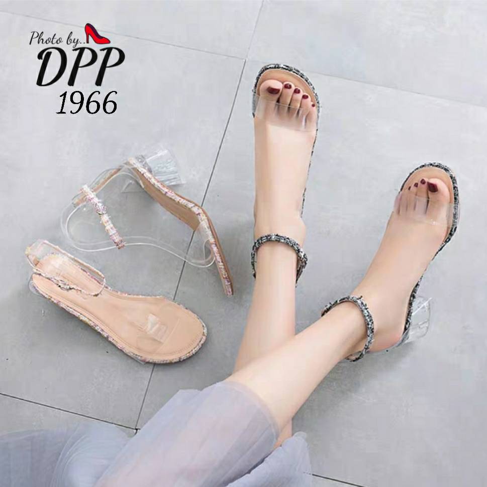 รองเท้าส้นแก้วผ้าทวิส (สีดำ)