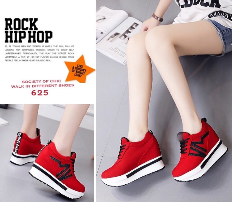 รองเท้าผ้าใบเสริมส้นสไตล์แฟชั่นเกาหลีแต่งลาย Sport (สีแดง)