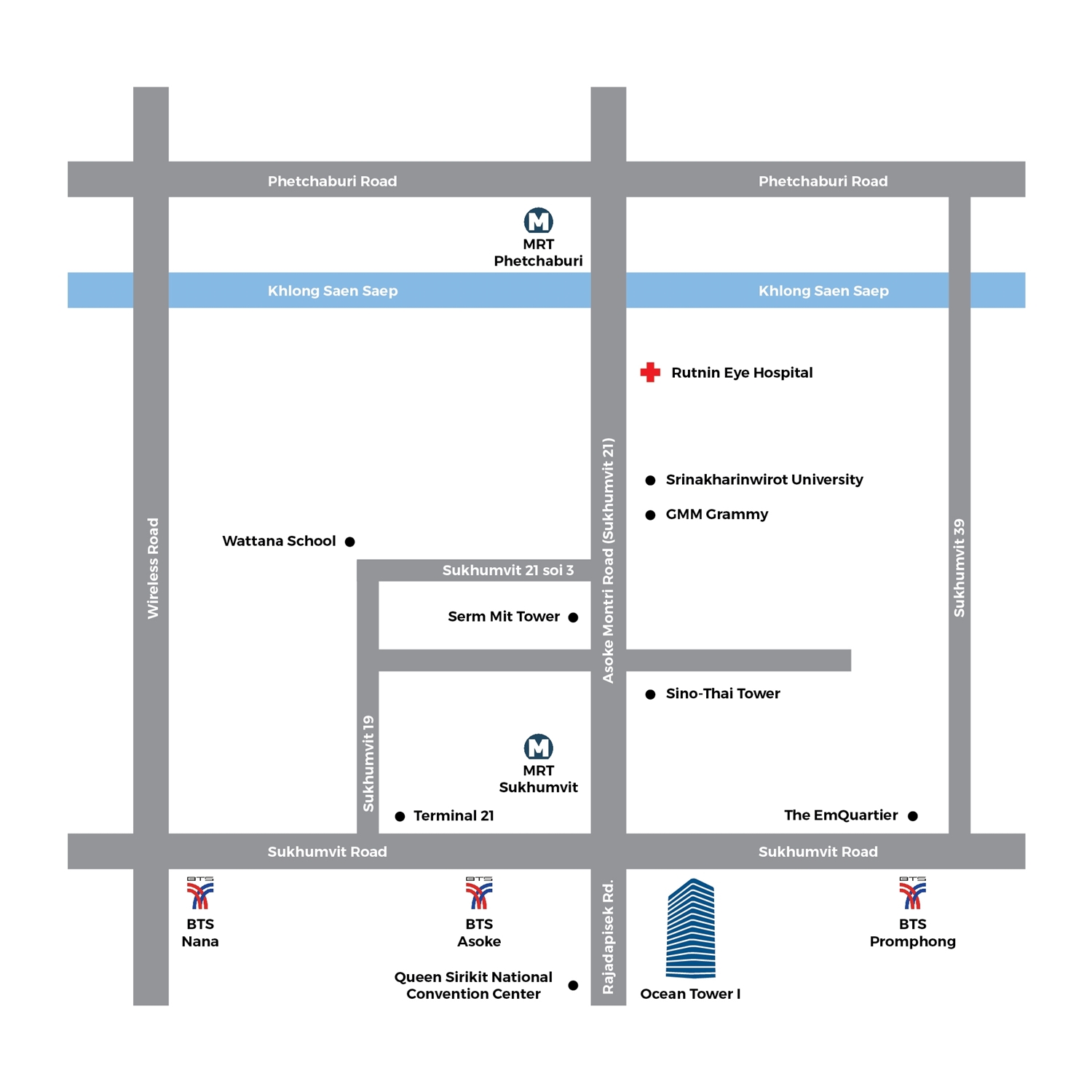 ขาย/ให้เช่าพื้นที่สำนักงานออฟฟิศย่านสุขุมวิท กรุงเทพฯ ตรงข้ามสวนเบญจกิติ ใกล้สถานีรถไฟฟ้า BTS อโศก และ MRT สุขุมวิท เพียง 750 เมตร | Ocean Tower 1
