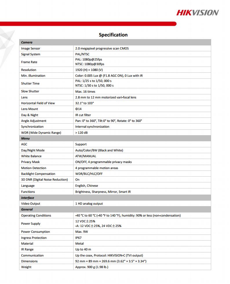 ขายถูก HIKVISION Turbo HD รุ่น DS-2CE16D8T-IT3Z ความละเอียด 2 ล้านพิกเซล