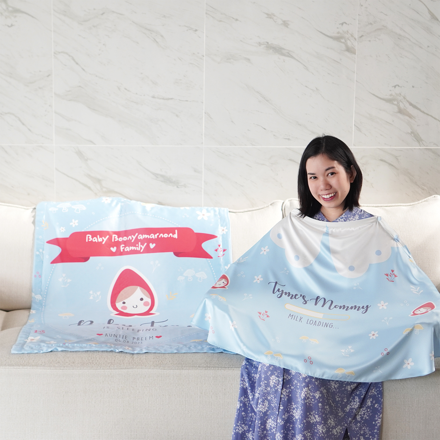 ชุดของขวัญเด็กแรกเกิด ผ้าคลุมให้นม + ผ้าห่มขนาด 75x100cm ลาย Little Red Riding Hood - Blue