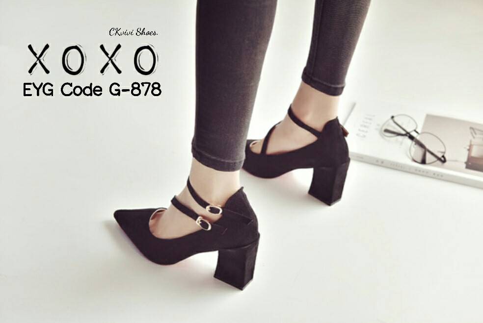 รองเท้าคัทชูส้นต้นแต่งสายรัด2ชั้น (สีน้ำตาล)