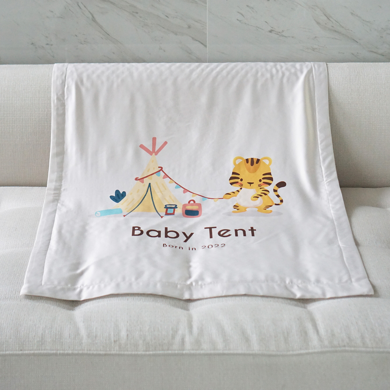 ผ้าห่มเด็ก สั่งทำใส่ชื่อ ลายเสือ ปีขาล Tiger with tent - Beige
