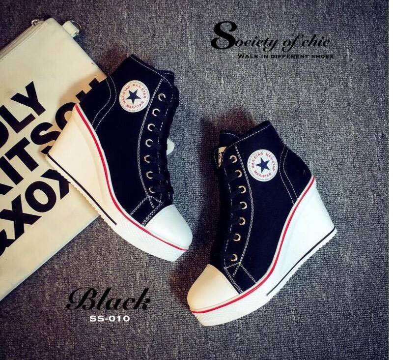 รองเท้าผ้าใบส้นเตารีดเกาหลี (สีดำ)