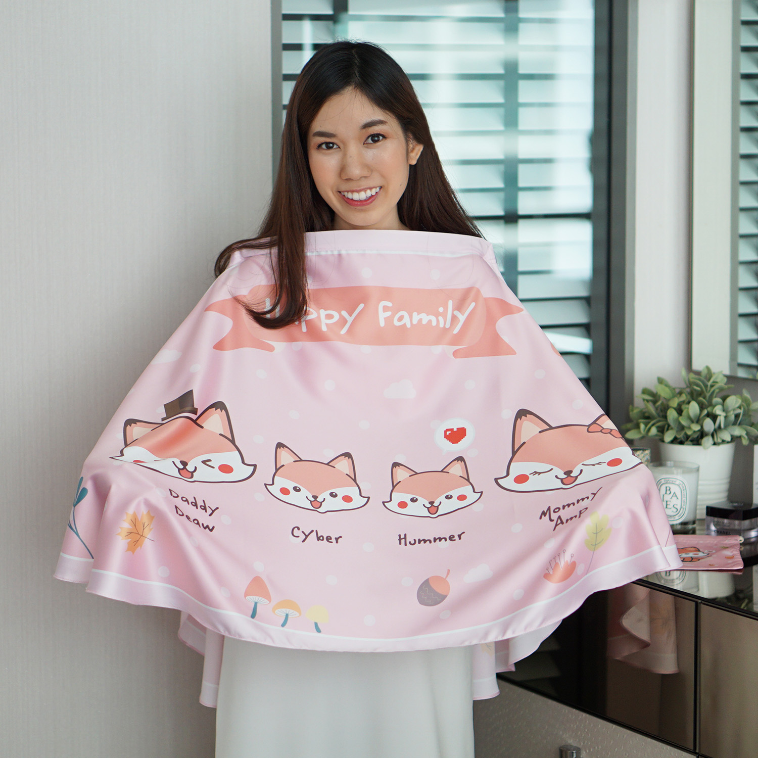 ผ้าคลุมให้นม สั่งทำใส่ชือ ลาย Fox Family - Pink